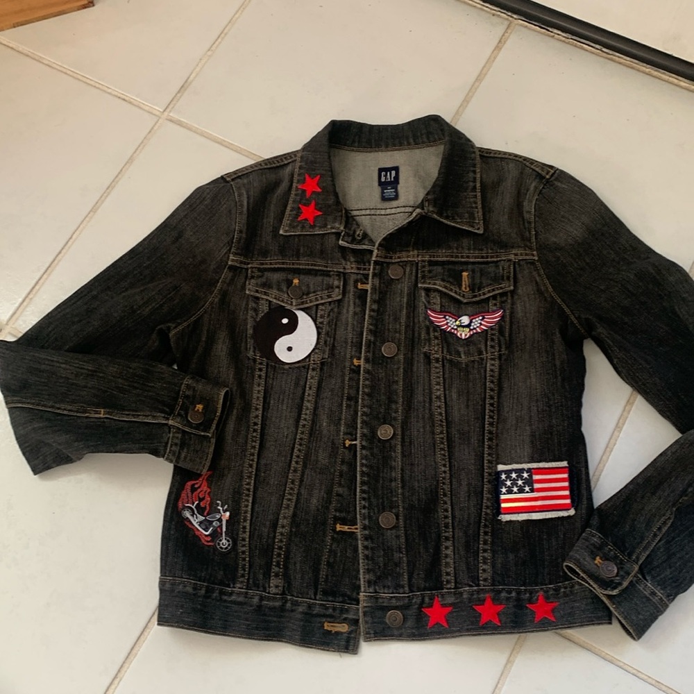 Gap jean jacket with patches and embroidery.